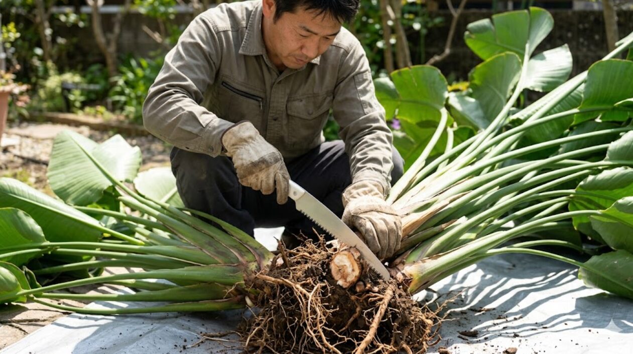 巨大化したオーガスタの株を株分けするため、清潔なノコギリを使って硬く結合した地下茎（根茎）を切り離す作業の様子。