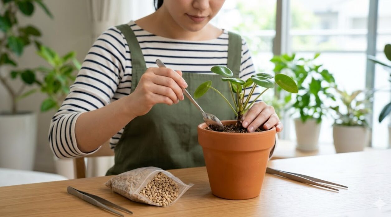 観葉植物の土の表面を数センチ取り除き、代わりに化粧砂利でマルチングを行う日本人女性。