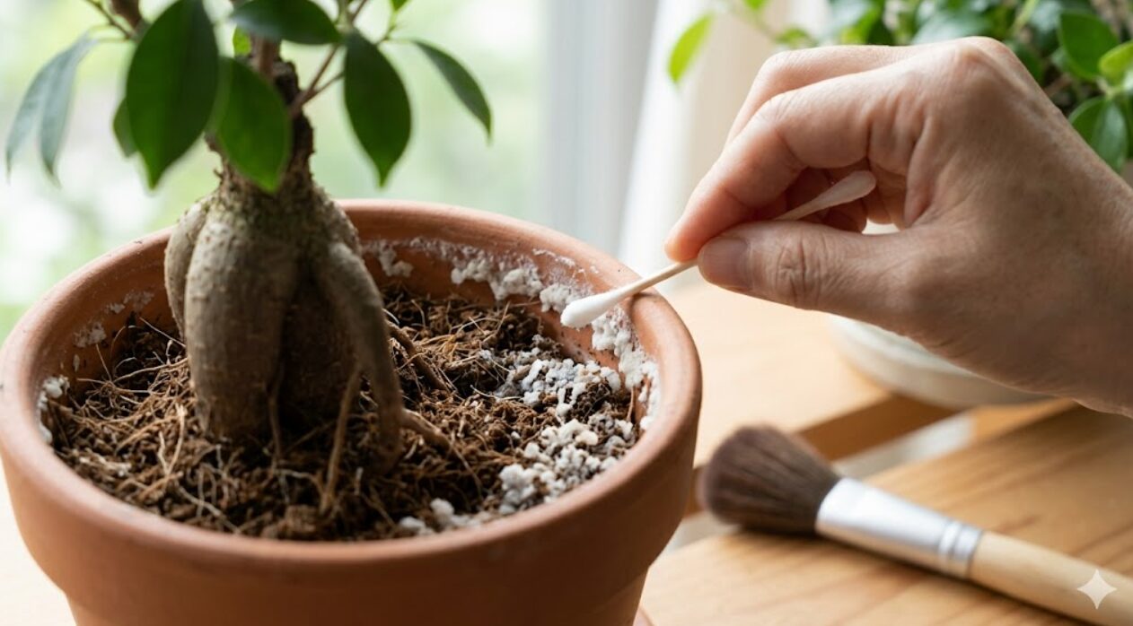 テラコッタ鉢の縁に付着した白いミネラル結晶を、綿棒で優しく掃除する様子。ガジュマルの鉢植え。