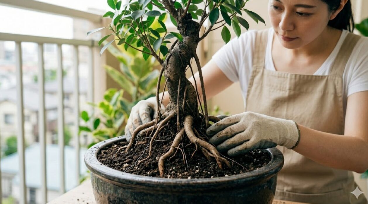 ガジュマルの植え替えで根上がり仕立てを作る日本人女性。太い気根を露出させる。
