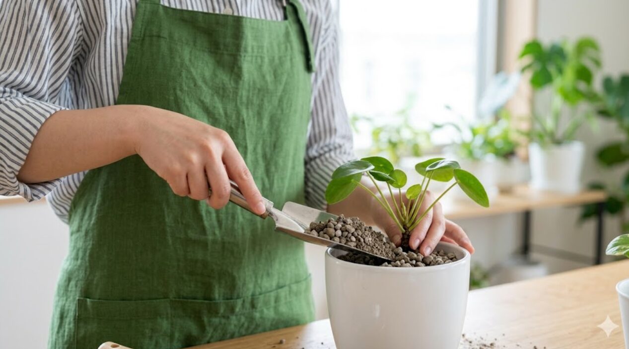赤玉土や鹿沼土などの無機質用土を使用して、観葉植物を清潔な白い鉢へ植え替える日本人女性の手元。