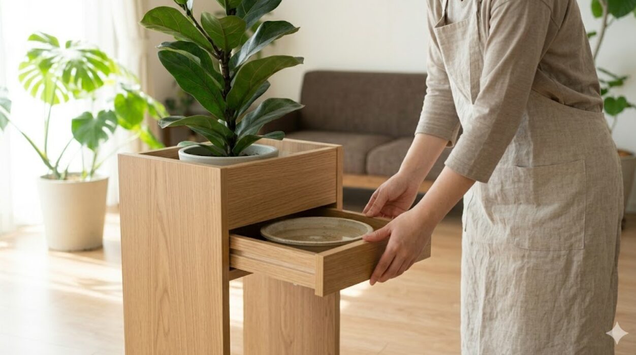 大型観葉植物フィカス・リラータが載った引き出し式プランツスタンド。日本人の女性の手が、溜まった水を捨てるために引き出し状の受け皿を引いている様子。