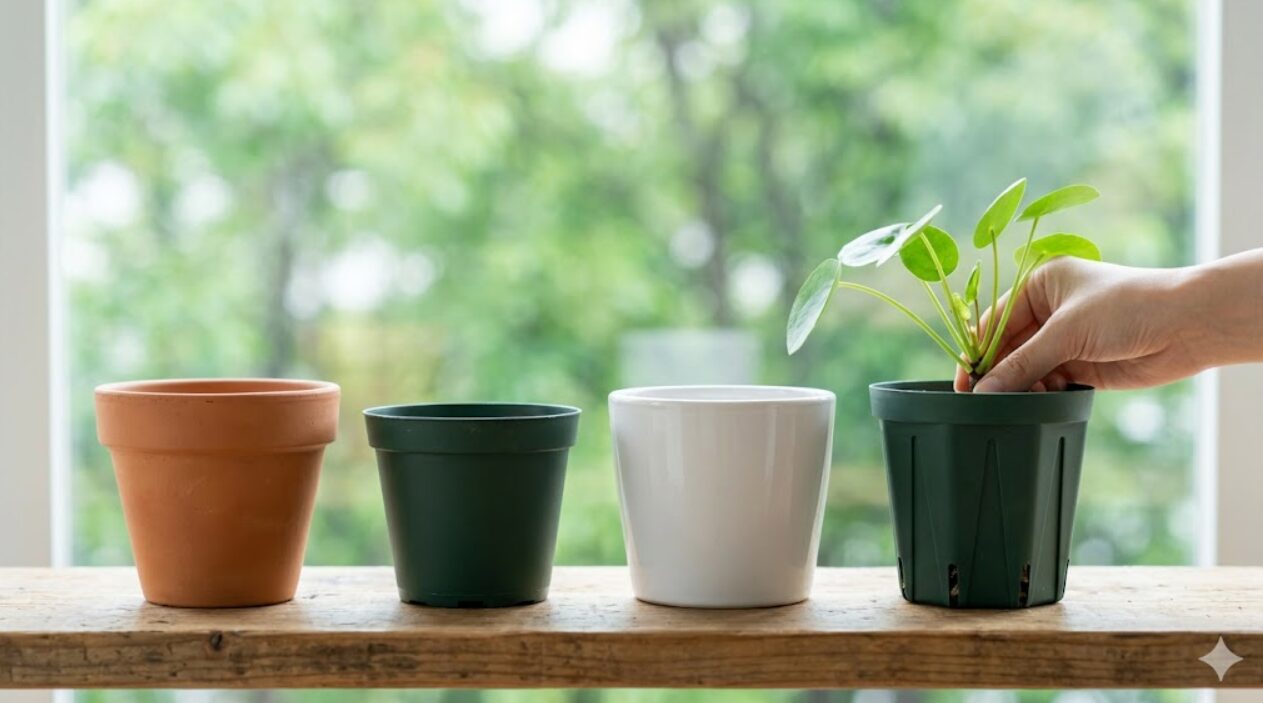 観葉植物の室内育成におすすめのスリット鉢と、素焼き鉢、プラスチック鉢など材質による形状の違い。