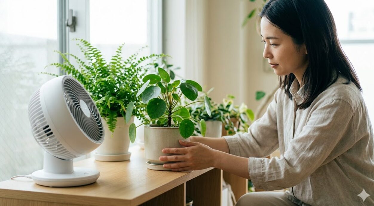 室内でサーキュレーターの風を観葉植物（パキラ）に当て、茎を強く育てる日本人女性。鉢回し（鉢を回転させること）で垂直な成長を促し、転倒を再発防止するシーン。