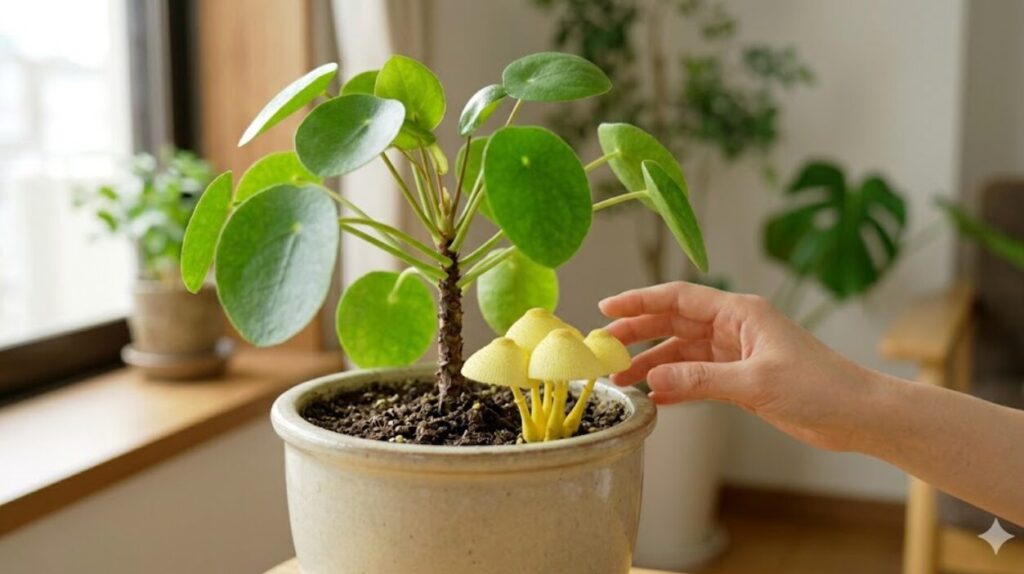 観葉植物の鉢植えから生えた、鮮やかな黄色いコガネキヌカラカサタケ（Leucocoprinus birnbaumii）の群生を、心配そうに観察する日本人女性の手元。背景はモダンな和風のリビングルーム