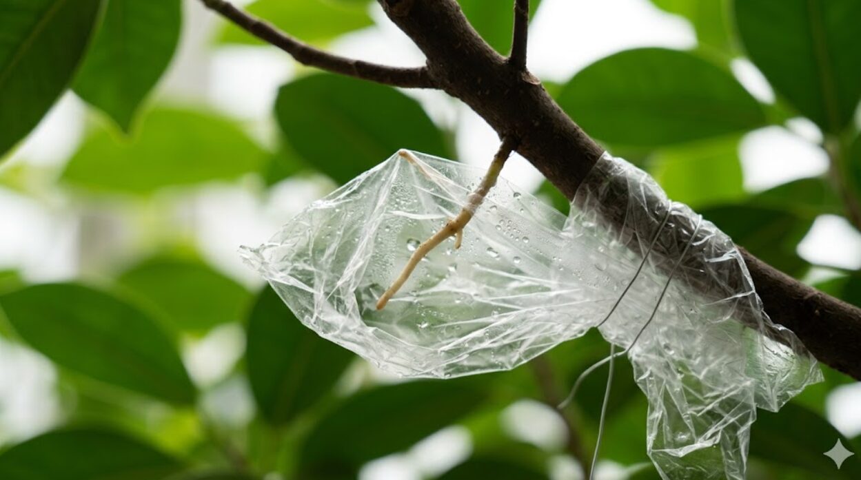 ガジュマルの枝にラップを巻いて気根の湿度管理をする様子。ラップ内に水滴が見える。