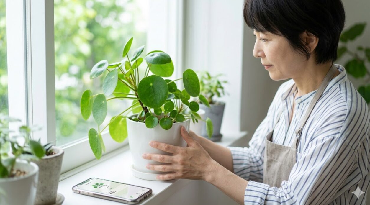 明るい室内で、スマートフォンのカレンダーのリマインダーに従って、観葉植物の鉢を優しく回す日本人女性の手元。