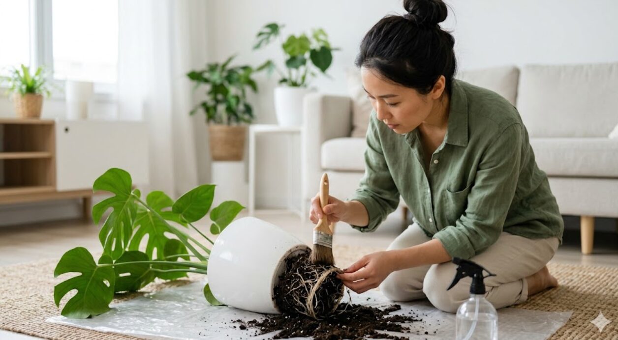 室内で倒れたモンステラの鉢植えを前に、根の状態を慎重に診断し、植え替えの準備をする日本人女性。こぼれた土と露出した根への緊急対応シーン。