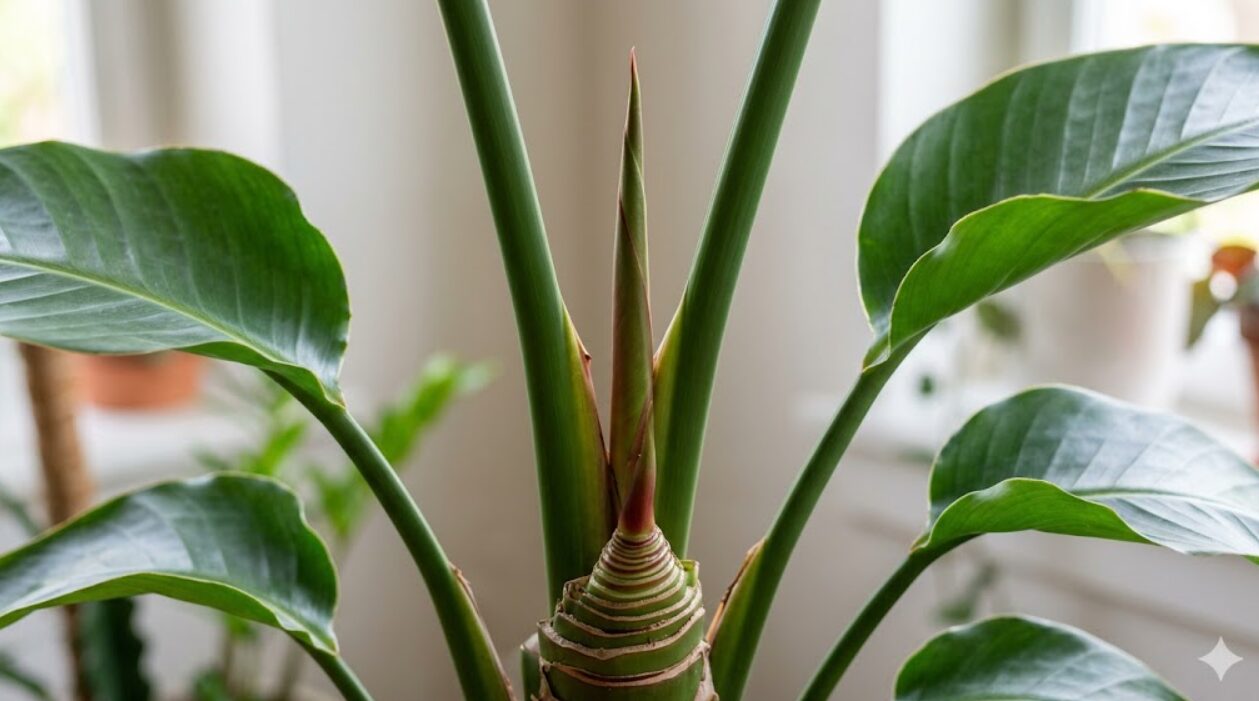 観葉植物オーガスタの株の中心から、棒状の新しい葉（新芽）がまっすぐ上に向かって伸びる様子。成長のメカニズムを示す。