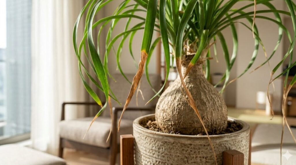 室内で葉先が枯れ始めたポニーテール（トックリラン）の全景。特徴的な膨らんだ幹（塊根部）と、乾燥して茶色くなった葉の先端が対比して写っている。