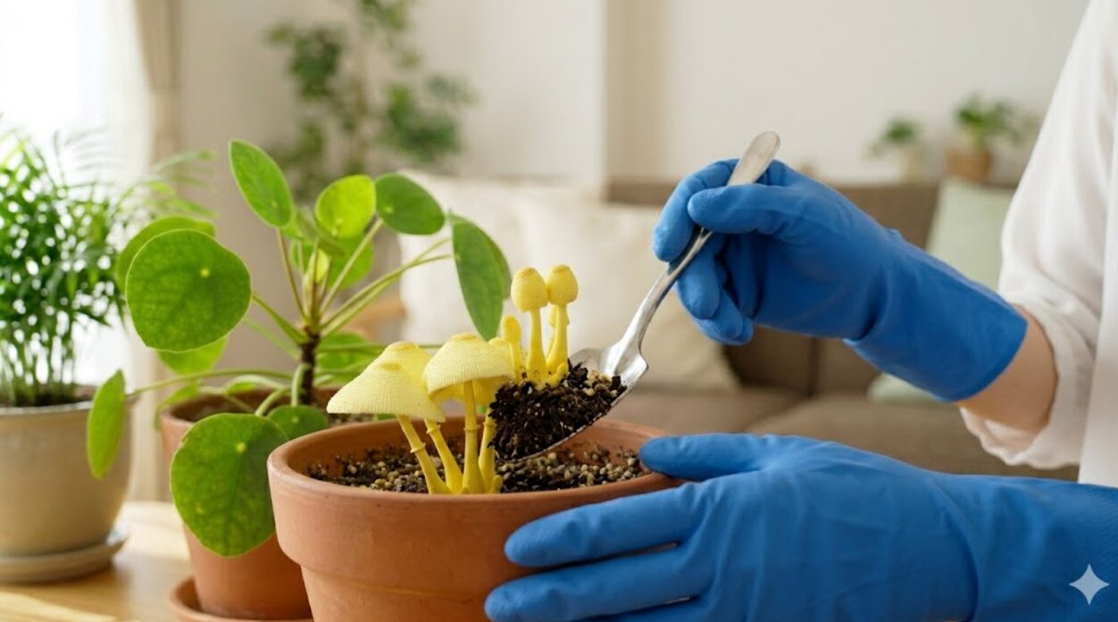 観葉植物の鉢植えから、スプーンを使って黄色いきのこ（コガネキヌカラカサタケ）を根元の土ごと優しく抜き取る様子