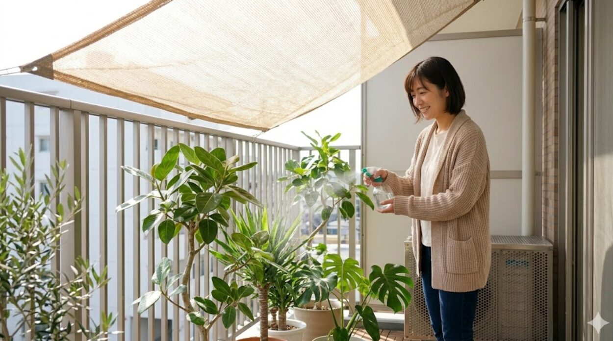 夏のマンションベランダで、遮光ネット（ベージュ色）の下、強い西日を避けて管理される観葉植物たち。遮光率は約50%。日本人の女性が霧吹きで葉水をしている。