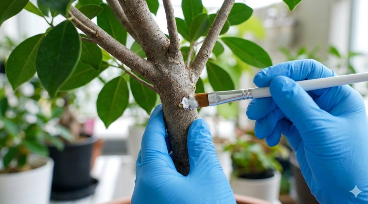 ガジュマルの幹に発根促進剤（ルートン）を筆で塗布する様子。手袋を着用。