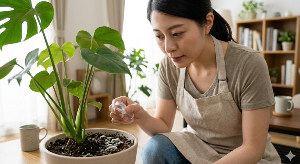 ルーペを使い、観葉植物の土の表面に発生した緑カビを真剣に観察する日本人女性。土の質感や菌糸の状態を確認している。