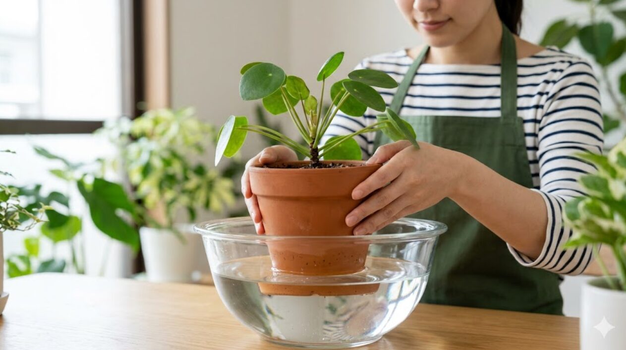 観葉植物の鉢を水の中に沈め、トビムシを駆除する水没法を実践する日本人女性。土の表面まで水が浸かっている。