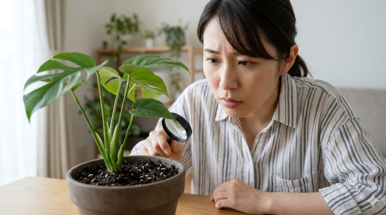 観葉植物の土の表面を虫眼鏡で観察する日本人女性。白い微小なトビムシが跳ねる様子を確認している。