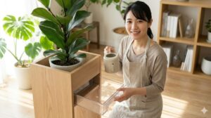 記事の内容を要約した、日本人の女性（image_0.pngの人物）が、明るいリビングで thriving フィカス・リラータが載った引き出し式プランツスタンドから、溜まった水をきれいにするために引き出しを取り出している様子。自信と清潔さを感じさせる。