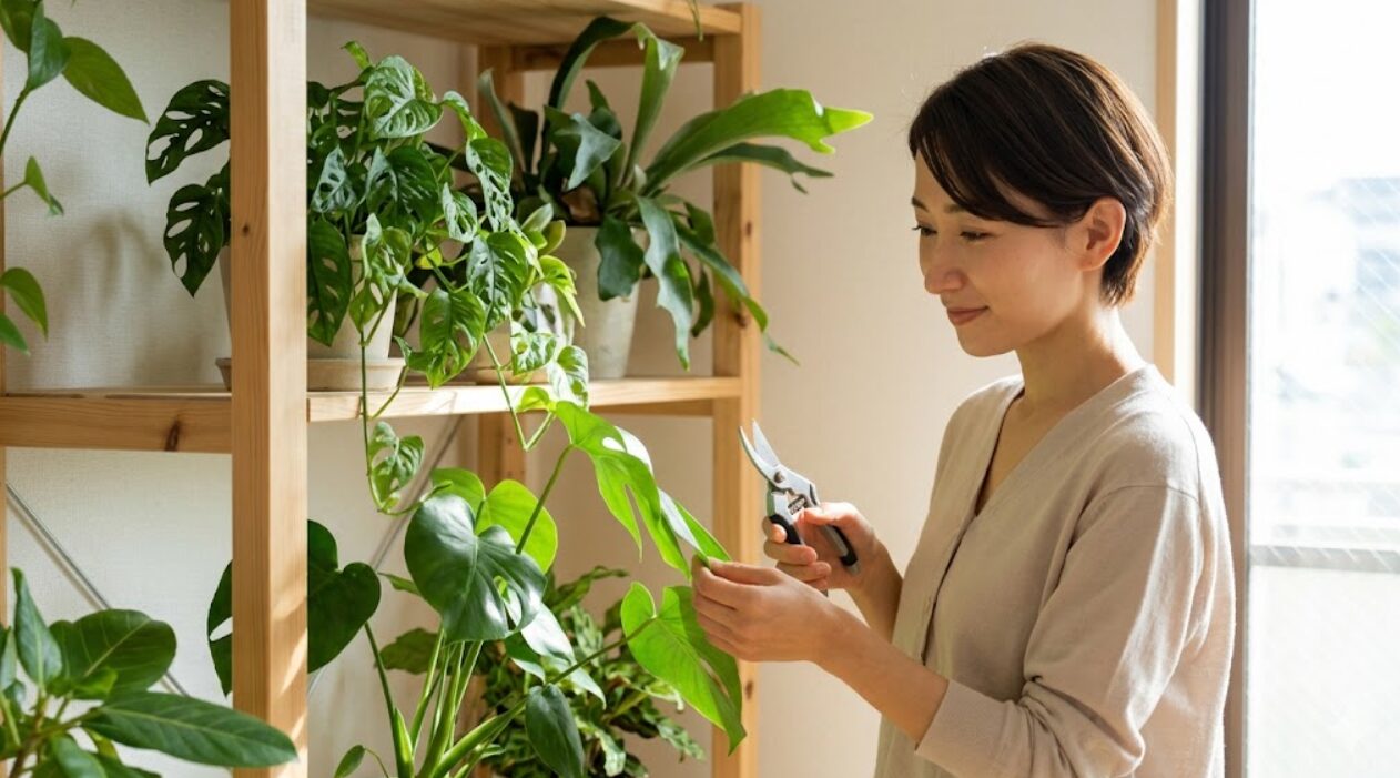 観葉植物の枯れた葉をケアしようとする日本人女性