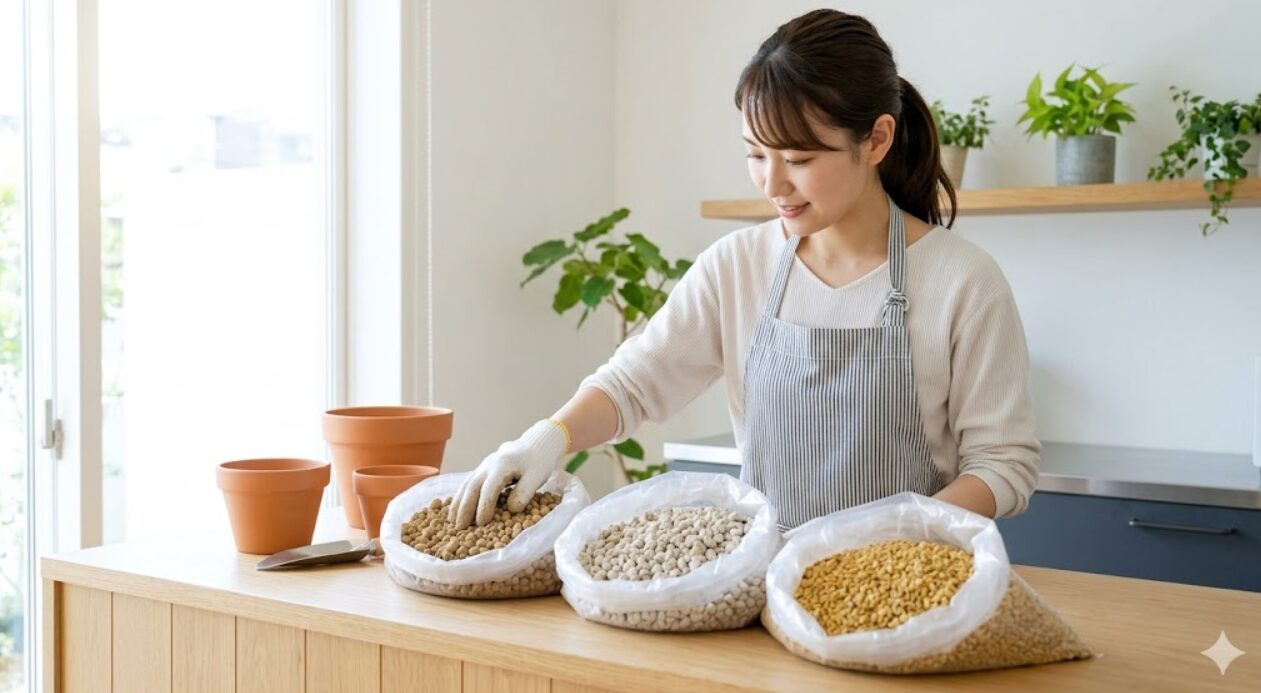 赤玉土、鹿沼土、軽石、ゼオライトなどの無機質の土の素材を整理し、植え替えの準備をする日本人女性。清潔で通気性の良い環境を整えている。