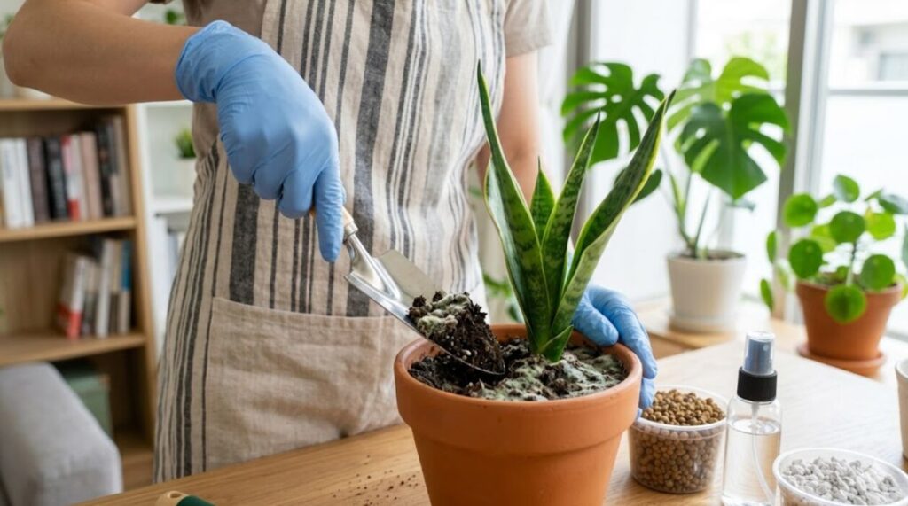 エプロンを着用した日本人女性が、グローブをはめてテラコッタ鉢の観葉植物（サンスベリア）の土の表面にある緑色のカビを小さなスコップで丁寧に取り除いているクローズアップ写真。作業台には、無機質の土の素材やアルコールのスプレーボトルが置かれている。