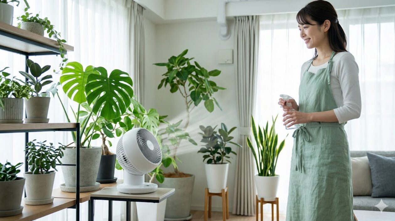 室内でサーキュレーターの風を観葉植物に当て、風通しを改善して害虫の定着を防ぐ日本人の女性。清潔で健康的なグリーンライフのイメージ。