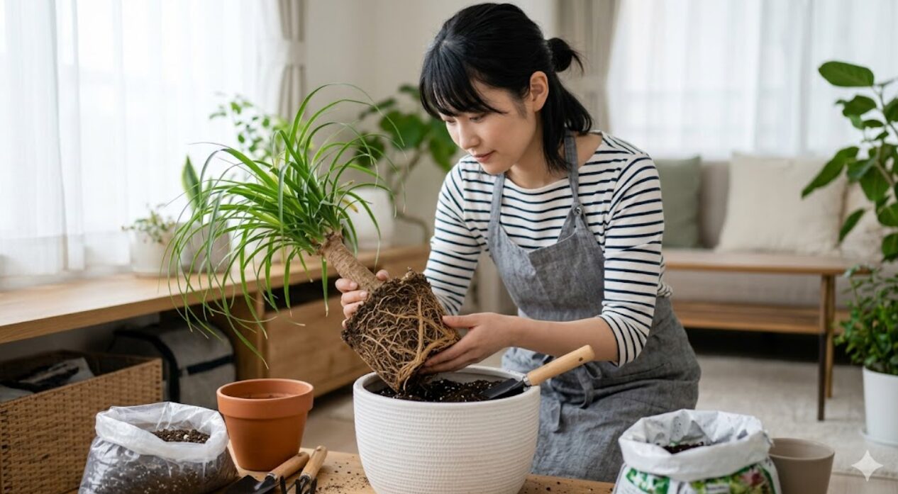 ポニーテールを古い鉢から抜き、根詰まりした根を整理して新しい大きな鉢へ植え替える日本人の女性。