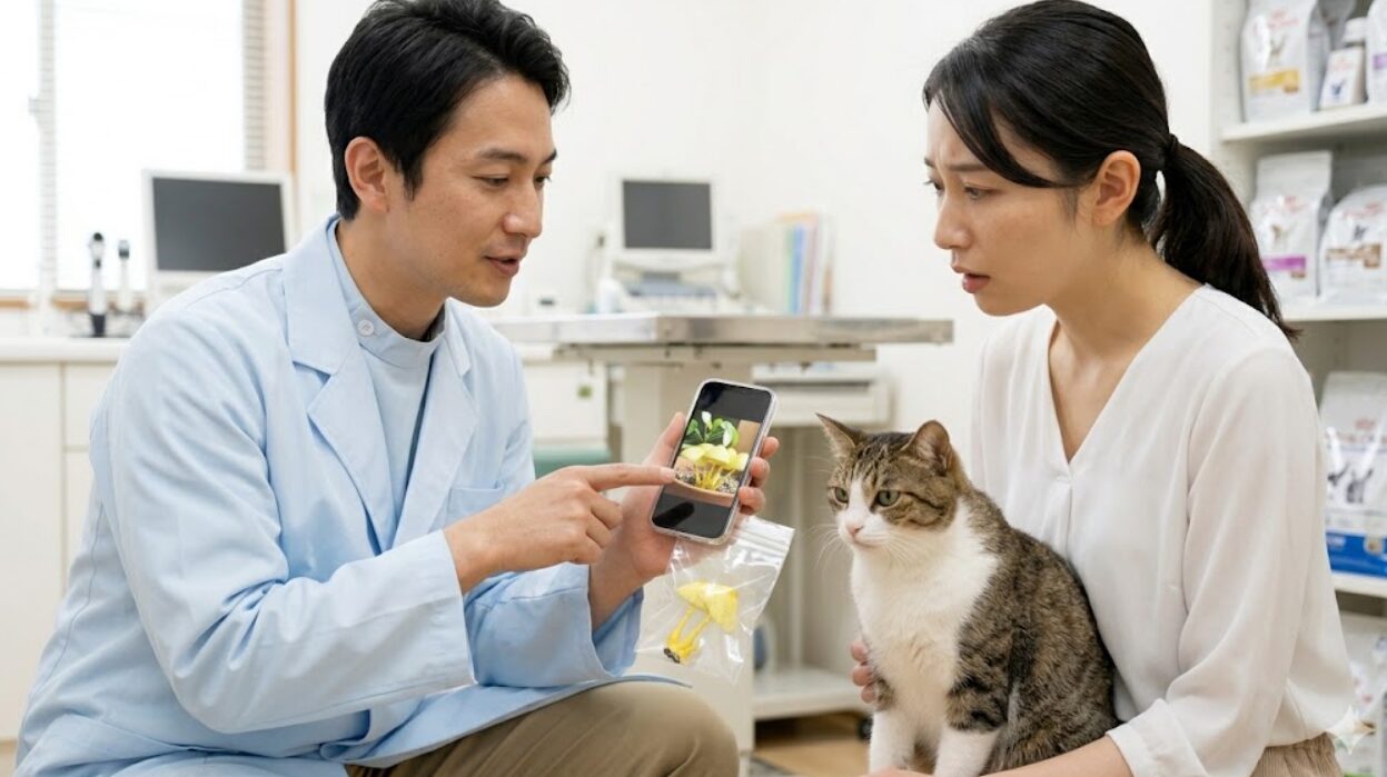 鉢植えから生えた黄色いきのこ（コガネキヌカラカサタケ）の写真をスマートフォンで見せながら、獣医師に相談する日本人女性