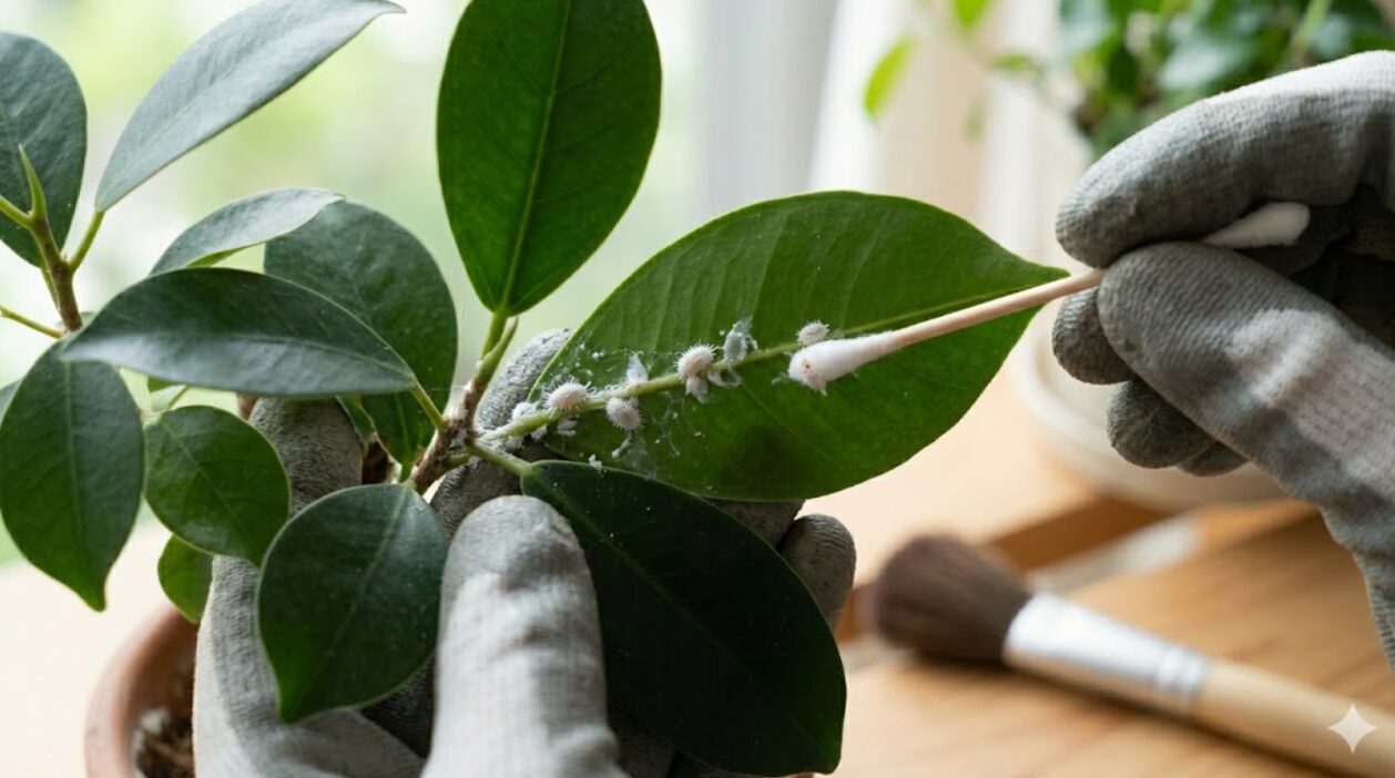 ガジュマルの葉の裏に潜むコナカイガラムシを、綿棒で物理的に駆除する様子。