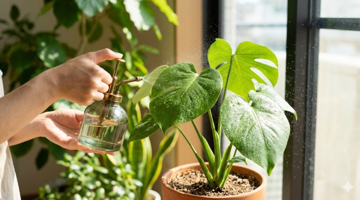 夏の成長期、光合成を活発にするために室内で観葉植物の葉に霧吹きで水をかける葉水の様子。