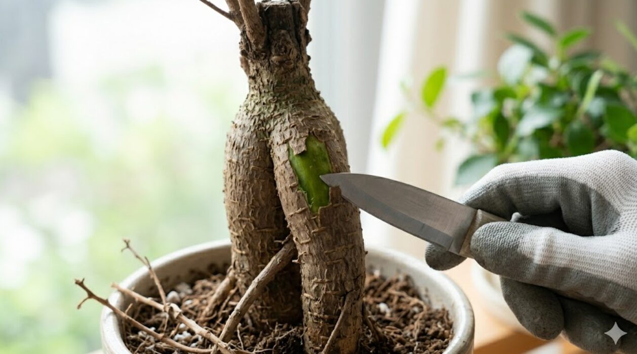 枯れたように見えるガジュマルの幹の皮を少し削り、内部が緑色で生きているかを確認する様子。