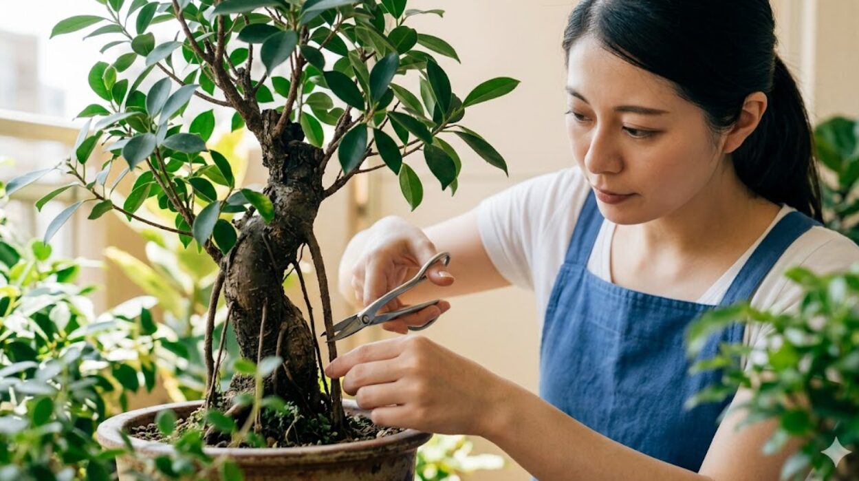 ガジュマルの気根をハサミで剪定する日本人女性。清潔な道具を使用。