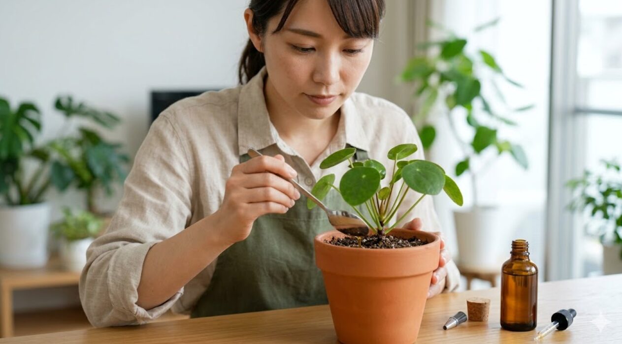 観葉植物（パキラ）の土の表面に、木酢液やニームオイルを希釈した天然液剤をスプレー散布する日本人女性。植物の葉や茎を保護しながら作業している。