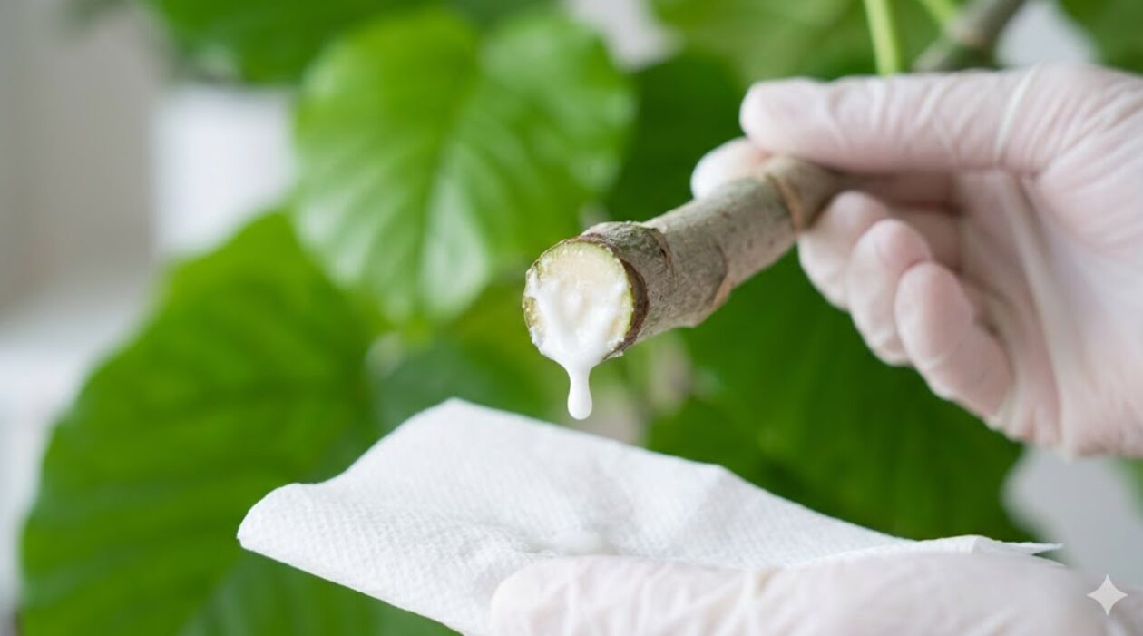 フィカス・ウンベラータの茎をカットした際に切り口から出る白い乳液状の樹液。