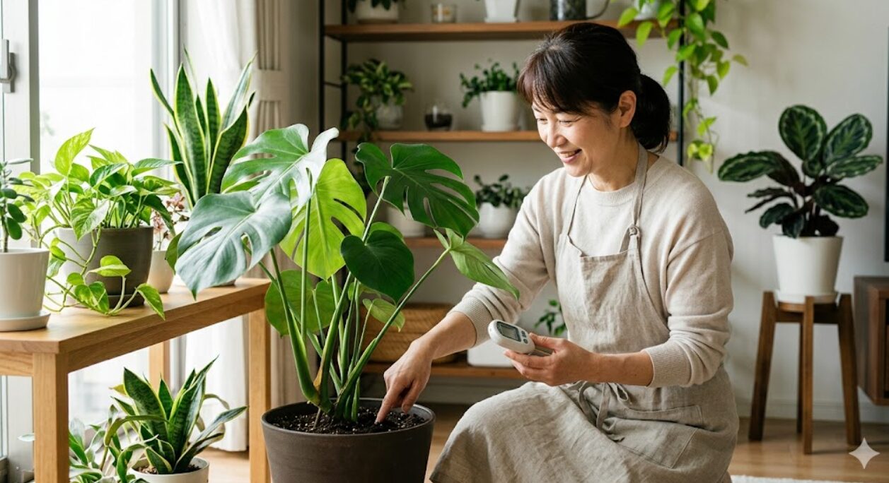室内で観葉植物の土の乾き具合を指と水分計で確認し、元気に育てるコツを実践する日本人の様子。