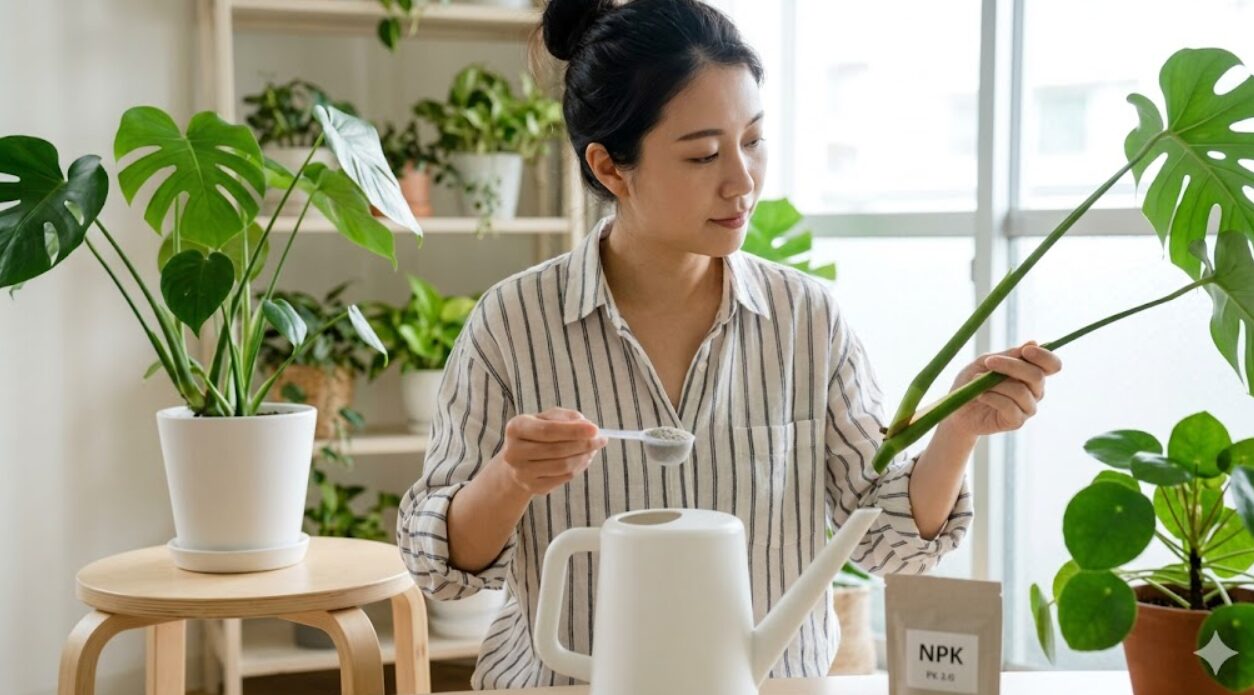 カリウムやケイ酸を豊富に含む肥料（微粉ハイポネックスなど）を、伸びすぎて倒れるのを防ぐために観葉植物（パキラ）に与える日本人女性。茎を強く、剛性を高めるための肥料管理。