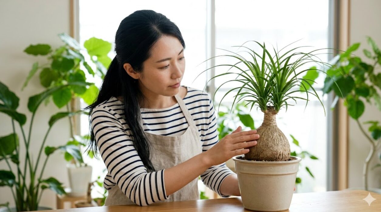 室内でポニーテールの膨らんだ幹（塊根部）に触れ、硬さを確認して根腐れを防ごうとする日本人の女性。
