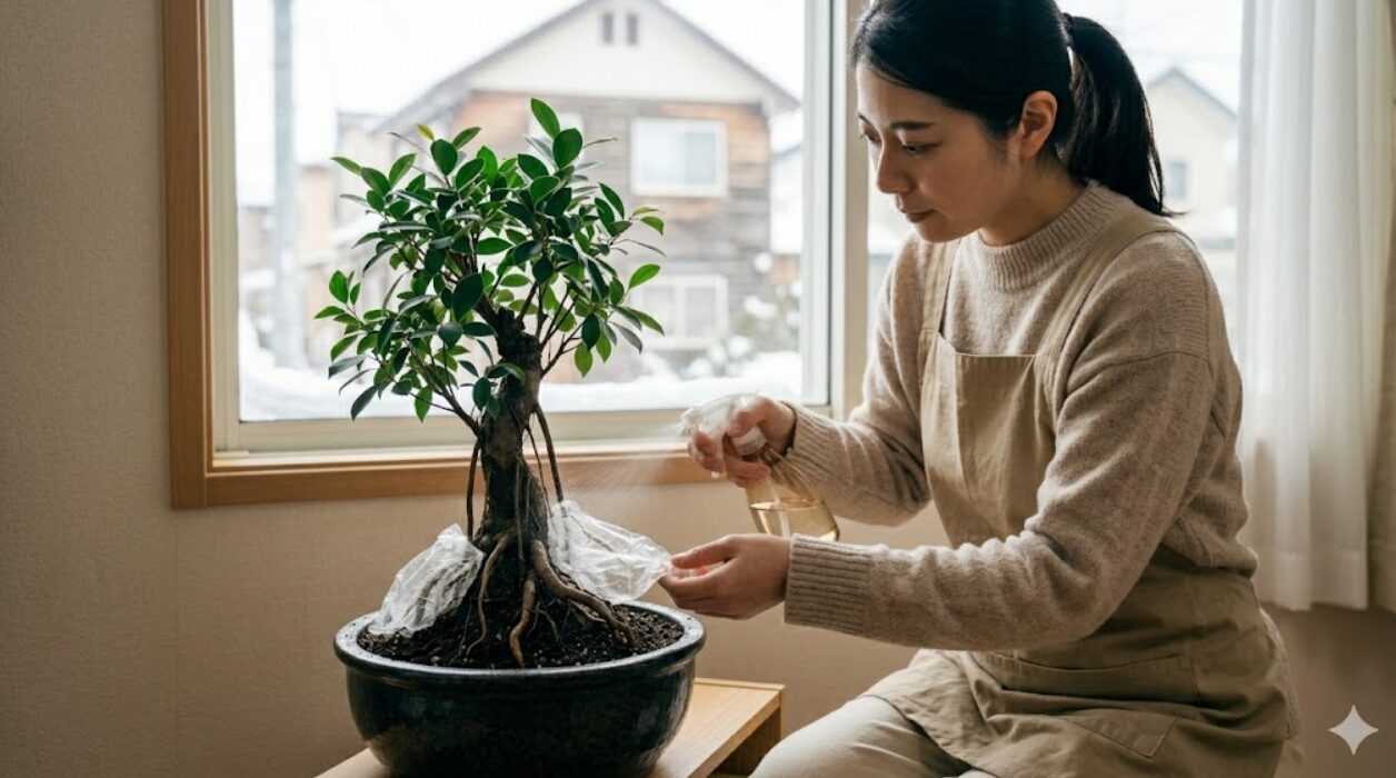 冬の室内でガジュマルの気根に霧吹きをする日本人女性。ラップで保護を継続。