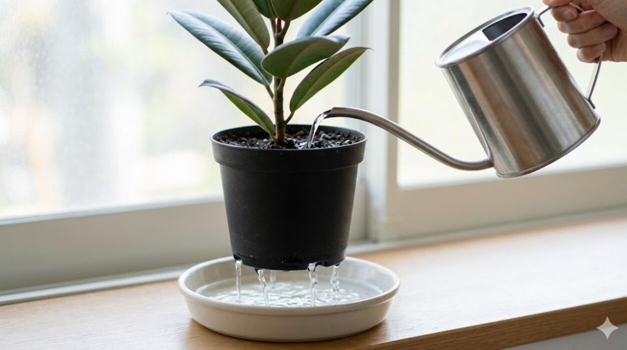 観葉植物の鉢底の穴からたっぷりと水が流れ出る様子。根腐れを防ぐため、受け皿に溜まった水を捨てる前の状態。