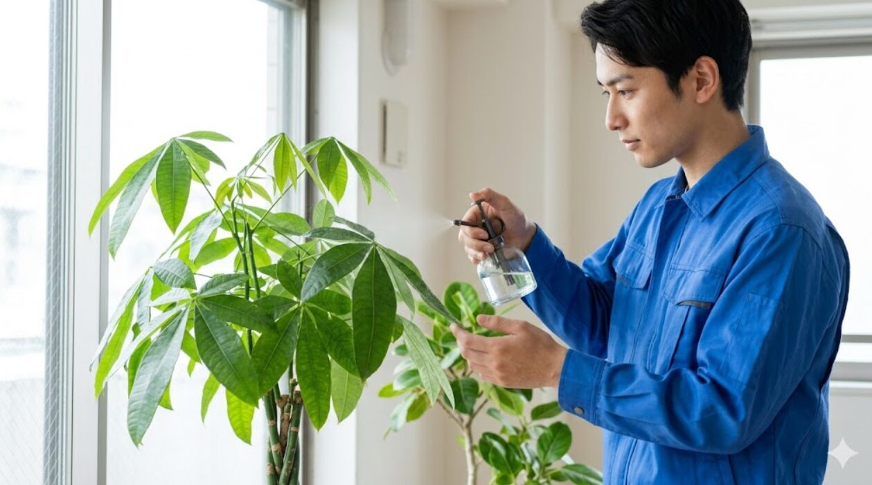 明るい室内で、パキラの葉に優しく葉水を与える日本人の男性。