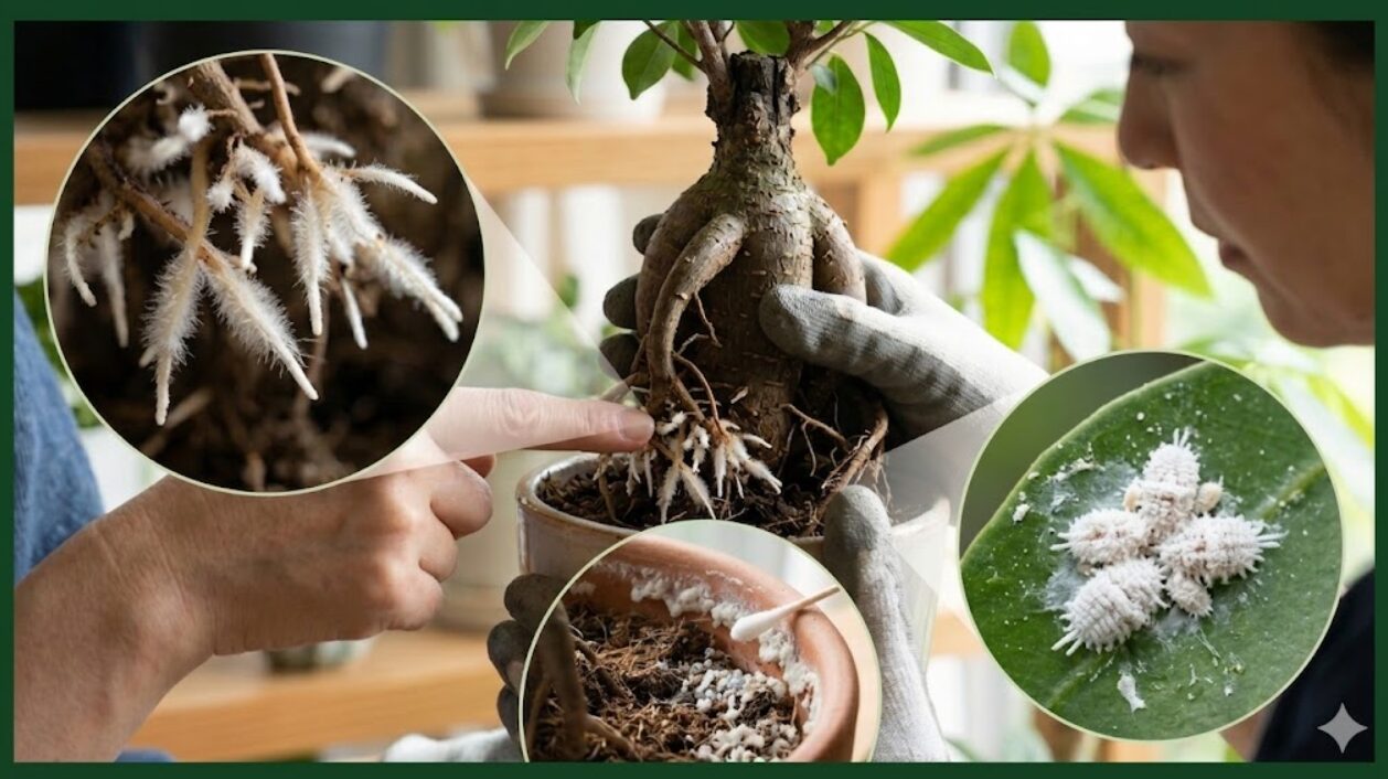 ガジュマルの白い根元の正体と見分け方を解説するアイキャッチ画像。健康な根毛、ミネラル、害虫の比較。緑色の枠付き。