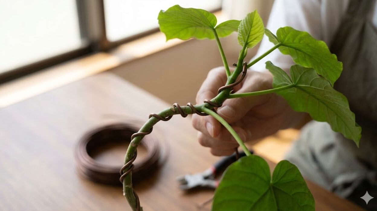 ウンベラータの若い緑色の幹に、盆栽用のアルミワイヤーを螺旋状に巻き付けて好みのカーブに曲げる「ワイヤー掛け」の様子。