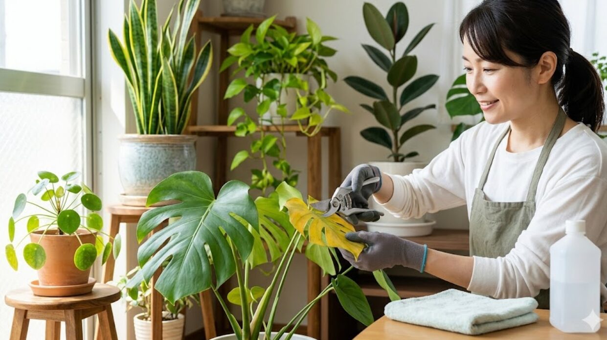自然光の入る明るい室内で、清潔なハサミを使いモンステラの黄色く枯れた葉を注意深くカットする日本人女性。背景には、美しく手入れされた多くの健康な観葉植物が並んでいる。