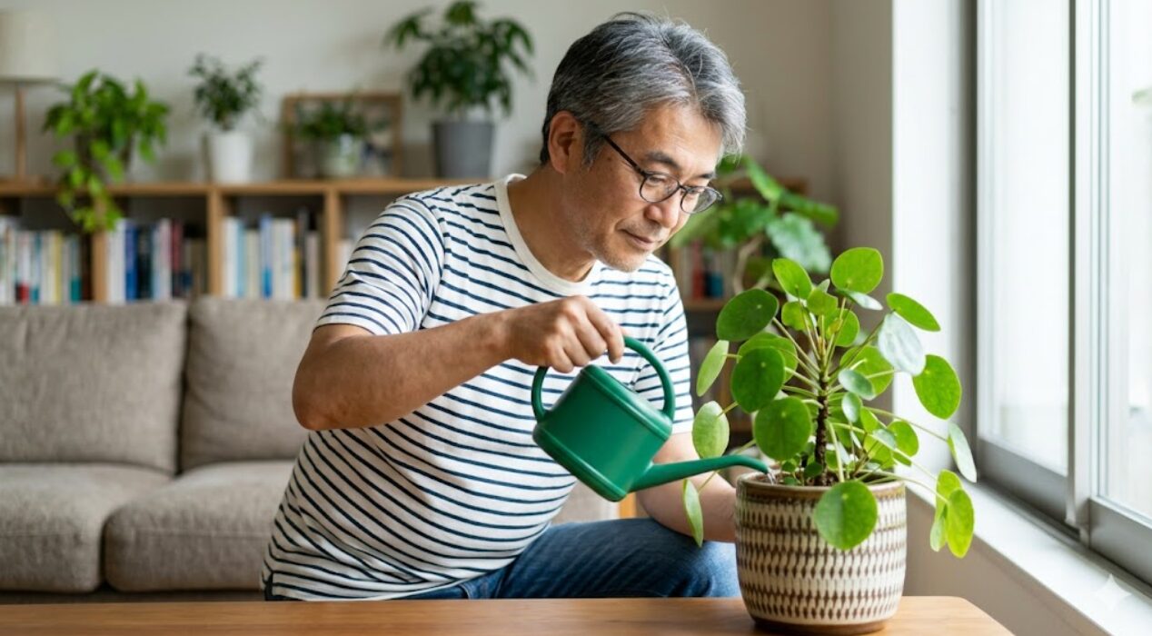 明るい室内で、健康なピレアに静かに水をやる日本人の男性。