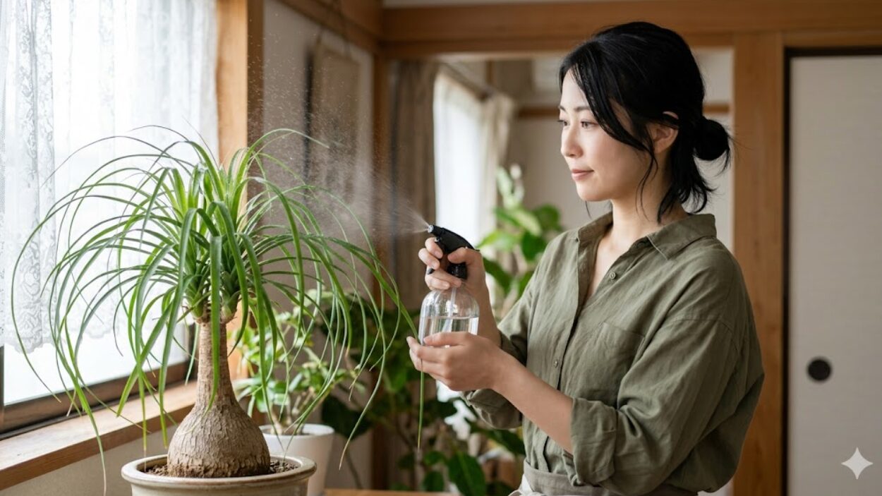 霧吹きを使ってポニーテールの葉に水をかけ（葉水）、乾燥を防ぎ美しい質感を保とうとする日本人の女性。