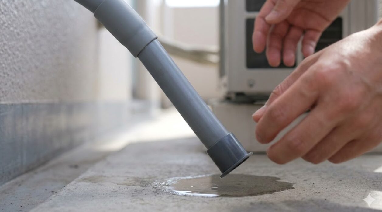 エアコンのドレンホースの先端に装着された、虫の侵入を防ぐための小さな防虫キャップ。100円ショップでも購入可能な対策グッズ。