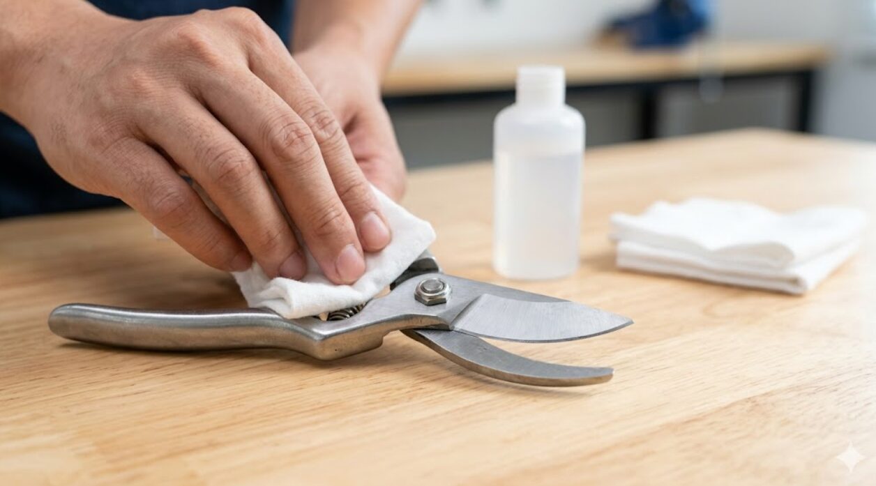 園芸用ハサミの刃先をアルコールで消毒する様子