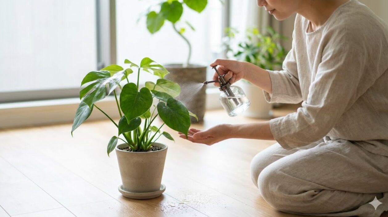 木目調の床で観葉植物に霧吹きで葉水をする日本人女性。床に水滴が落ちている様子。