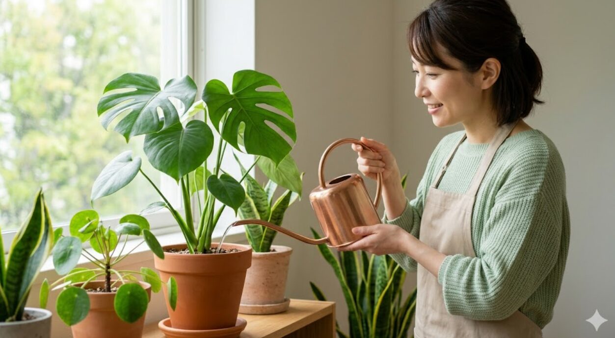 春の柔らかい日差しの下、日本人の女性がモンステラに銅製のジョウロで水やりをしている。植物は生き生きとしており、生育期の健康な状態。