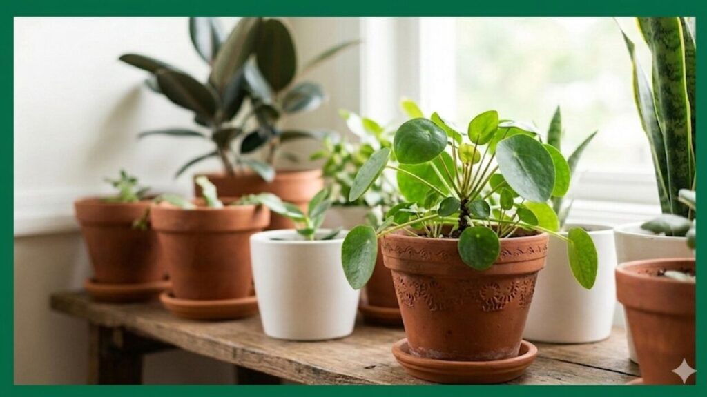 様々な種類の健康な植物がテラコッタや白鉢に植えられ、木製の棚に並んでいる。自然光が差し込む平和な雰囲気。テキストや枠線はない。