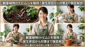 観葉植物のトビムシ駆除を解説するアイキャッチ画像。明るいリビングルームで日本人女性が自信を持ってポーズをとる。複数のパネルで駆除と予防の工程（土の観察、適切な水やり、薬剤散布、植え替え）を視覚的に表現し、信頼できる専門知識をアピールしている。
